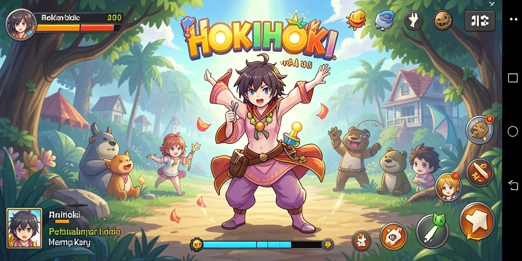 Tampilan gameplay HOKIHOKI dengan karakter anime yang menawan.