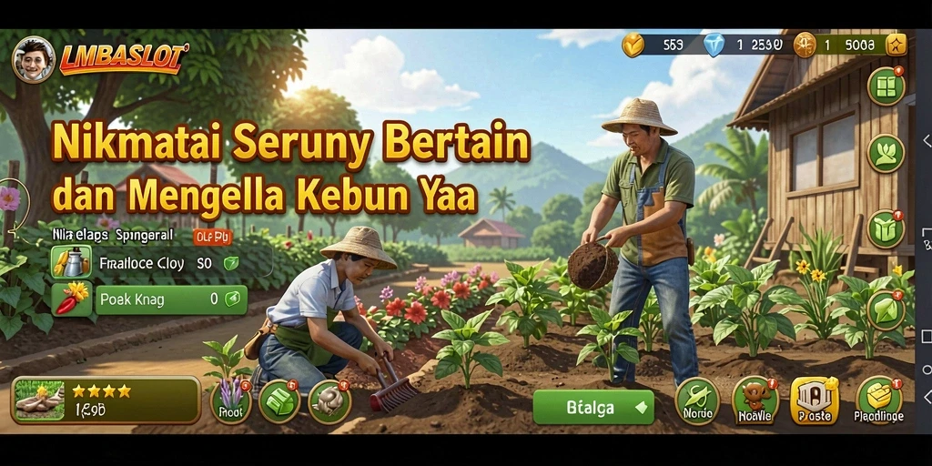 Tangkapan layar gameplay LMBASLOT yang menampilkan kebun indah dan aktivitas bertani.